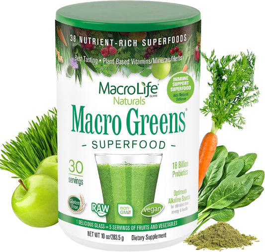 Macro Greens Superfood Powder – 38 Superalimentos con Probióticos, Enzimas y Adaptógenos | 18B UFC | 283 g (30 dosis)