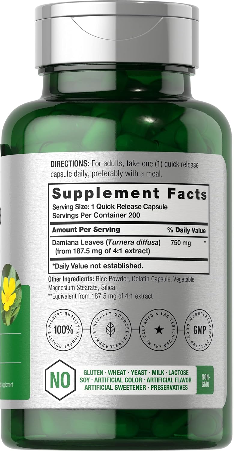 Horbäach Extracto de Hoja de Damiana | 200 Cápsulas | Suplemento Herbal