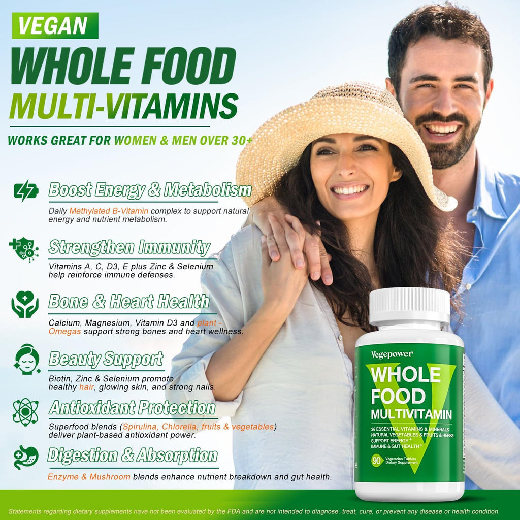 VEGEPOWER Multivitamínico Vegano con Hierro, Metilado, Complejo B, Frutas y Verduras, Enzimas, Omega, Hongos, 90 Comprimidos