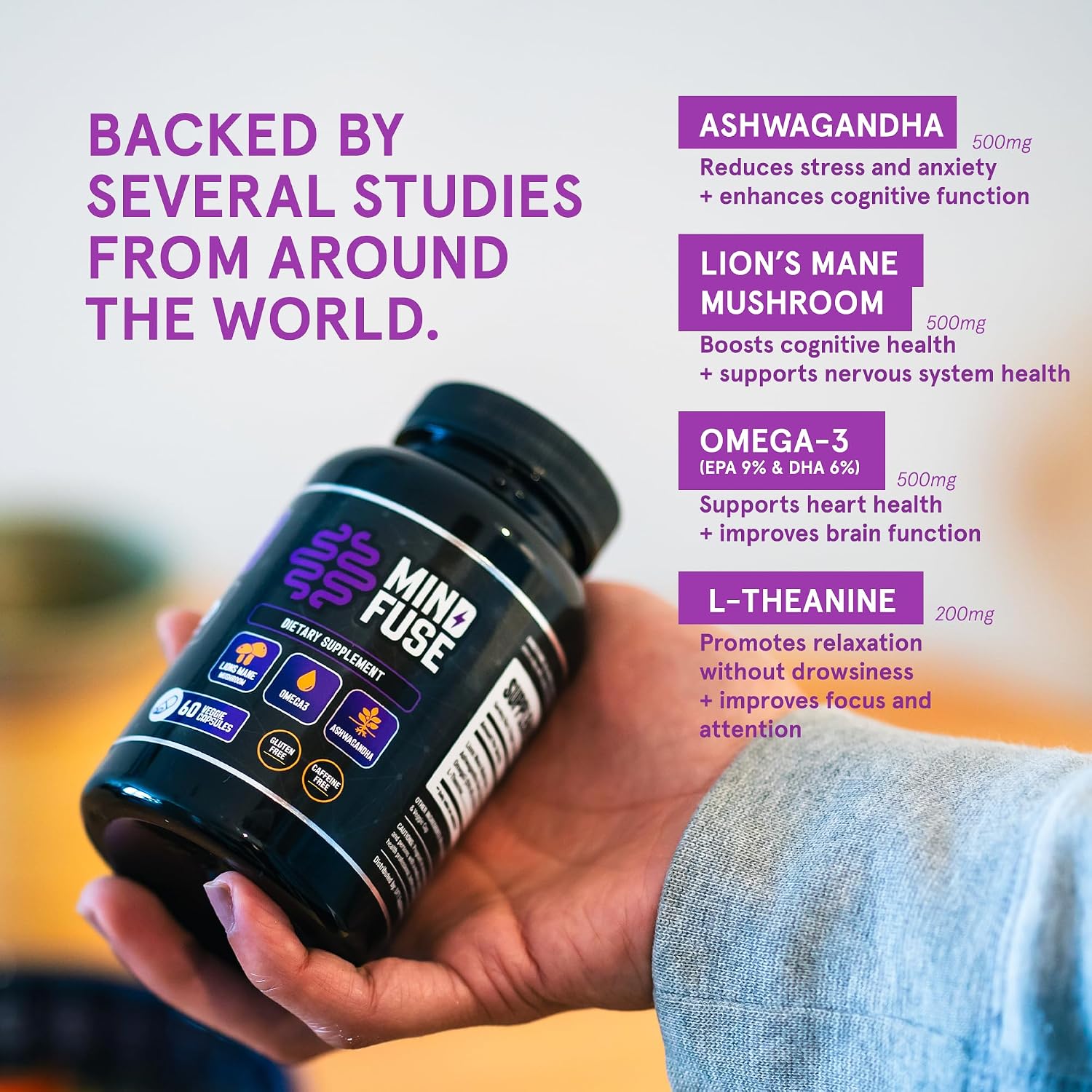 Mind Fuse Nootropic Memory Booster - Cápsulas de Lion's Mane con Omega-3, Ashwagandha y L-Theanine para el Enfoque y la Memoria - Sin Gluten 60 Cápsulas