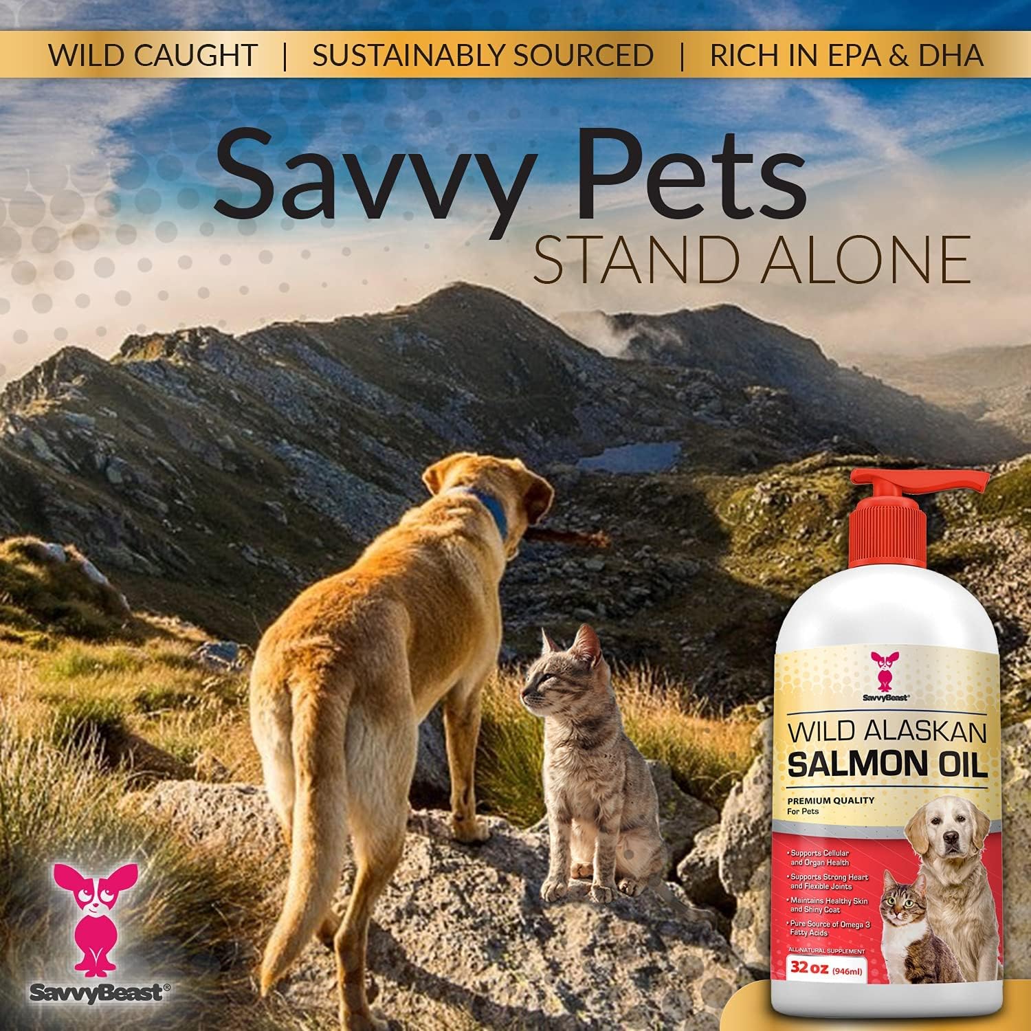 SavvyBeast Aceite de Salmón Salvaje de Alaska para Perros, Gatos y Hurones - 946 ml