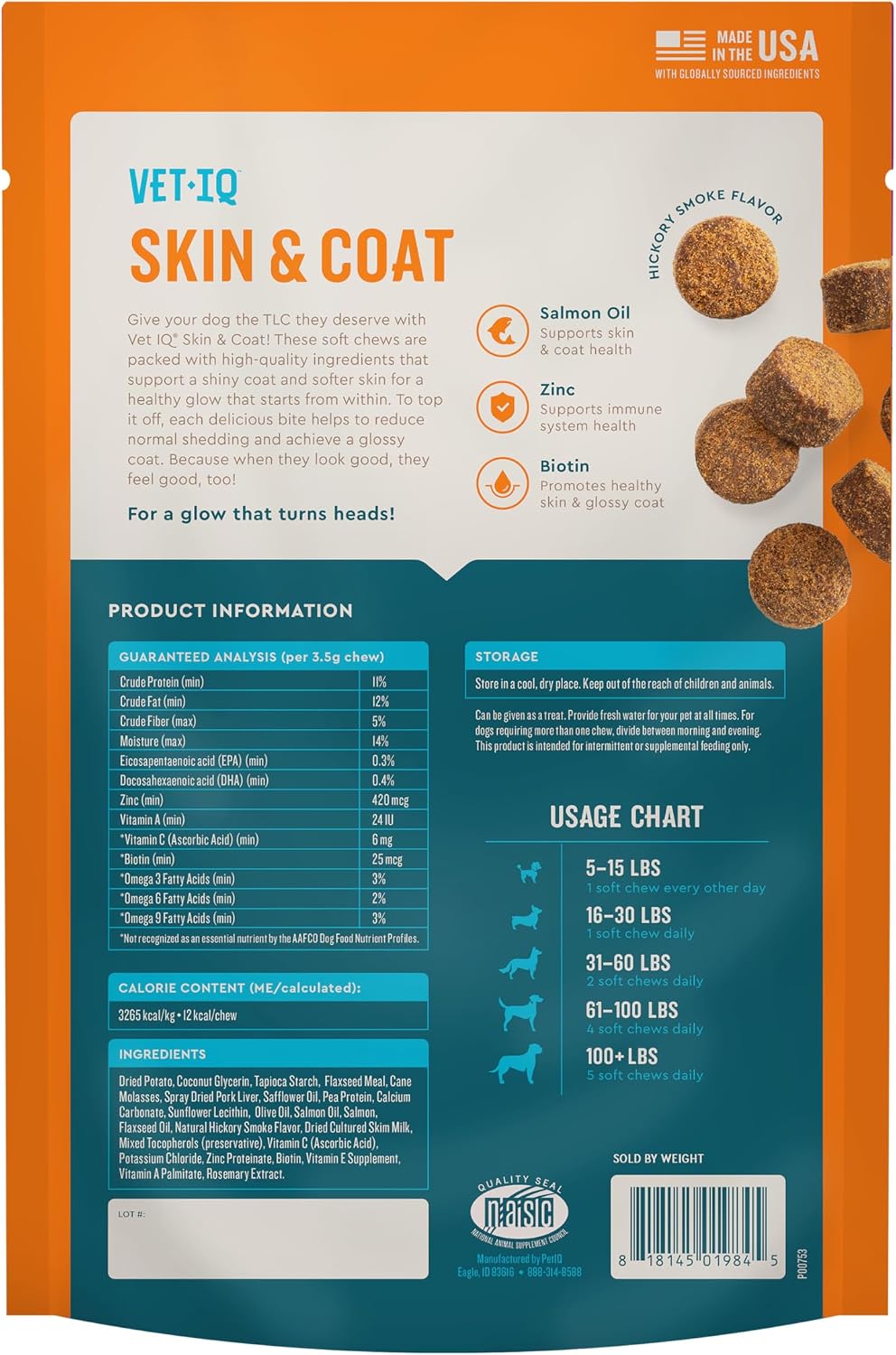 VetIQ Suplemento para Piel y Pelaje para Perros, Masticables con Omega 3,6,9 Sabor a Humo de Nogal, 60 unidades