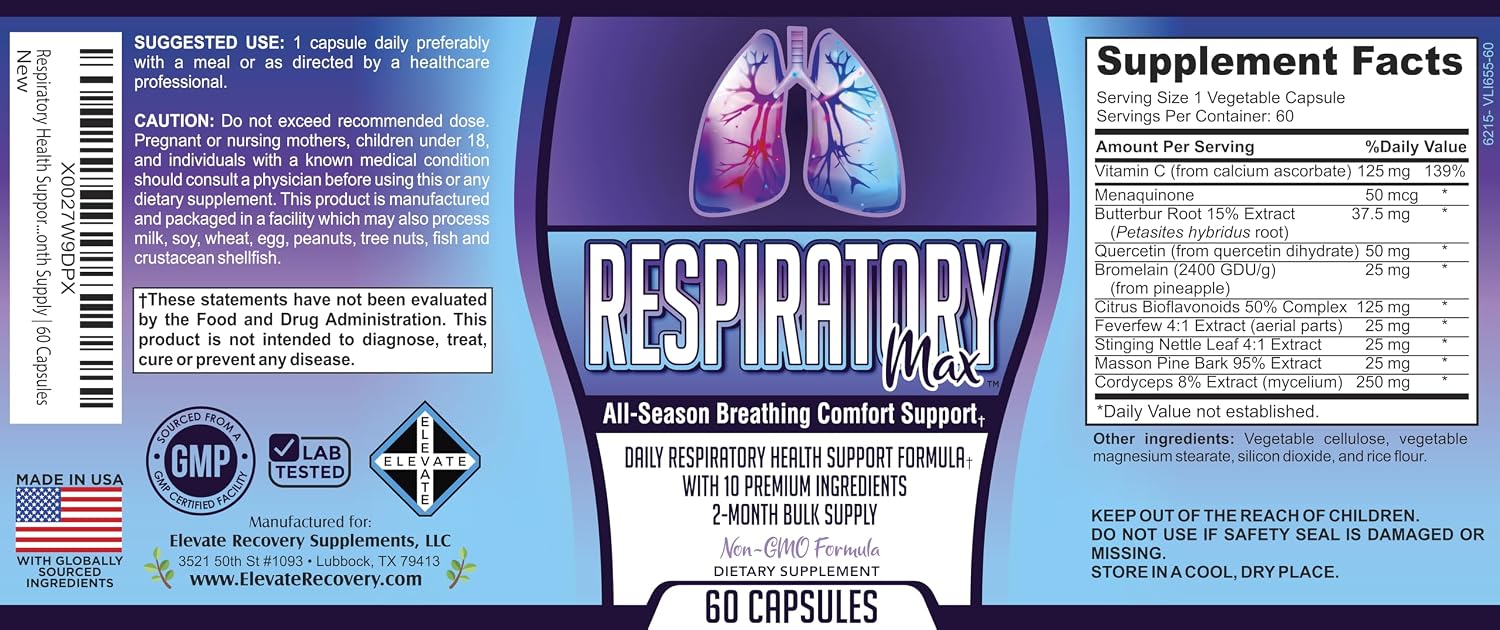 Respiratory-Max (2 Meses) Complejo de Apoyo Pulmonar y Respiratorio | Fórmula 10 en 1 | 60 Cápsulas