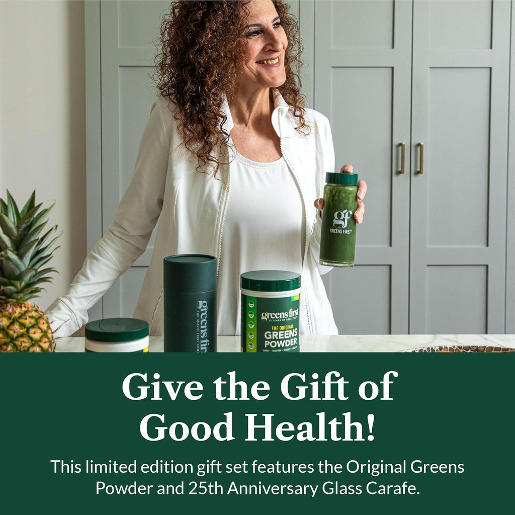 Greens First Gift Set - Edición Limitada con Jarra de Cristal y Polvo Verde Orgánico - 49 Superalimentos - Prebióticos, Probióticos y Enzimas Digestivas - Sin Lácteos, Vegano y No GMO - Menta - 30 Servicios