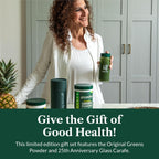 Greens First Gift Set - Edición Limitada con Jarra de Cristal y Polvo Verde Orgánico - 49 Superalimentos - Prebióticos, Probióticos y Enzimas Digestivas - Sin Lácteos, Vegano y No GMO - Menta - 30 Servicios