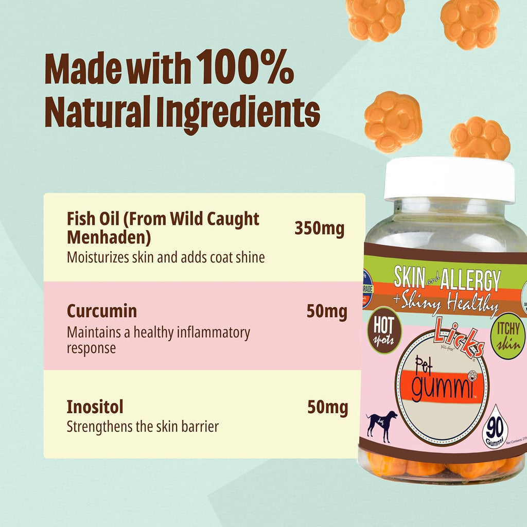Licks Skin & Allergy - Gomitas para Perros con Omega-3, Turmeric, Inositol y Vitamina C - Sabor a Pollo - 90 unidades
