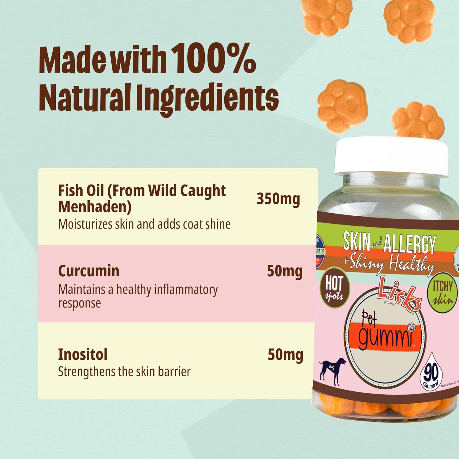 Licks Skin & Allergy - Gomitas para Perros con Omega-3, Turmeric, Inositol y Vitamina C - Sabor a Pollo - 90 unidades