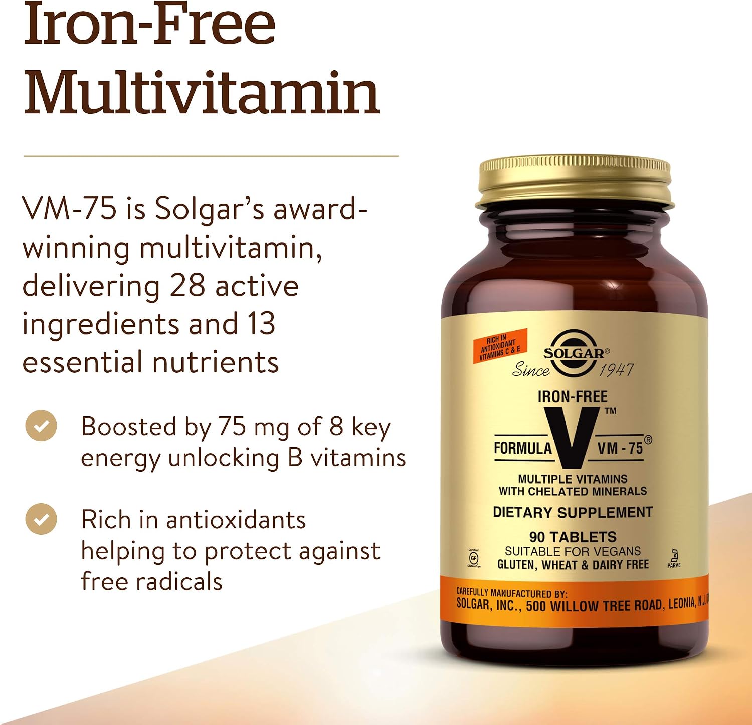 Solgar Iron-Free Formula VM-75, 90 Comprimidos - Multivitamínico con Minerales Quelados
