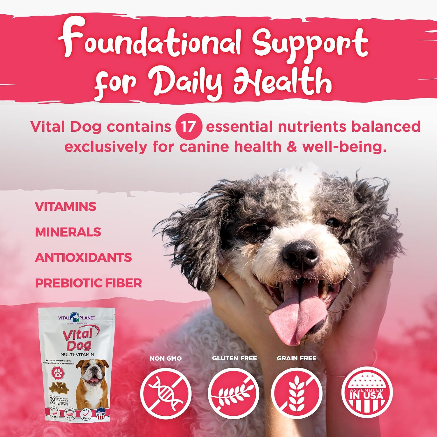 Vital Planet - Vital Dog Multivitamínico para la Salud Diaria con Vitaminas, Minerales y Antioxidantes - 30 Golosinas Blandas Sabor a Bacon