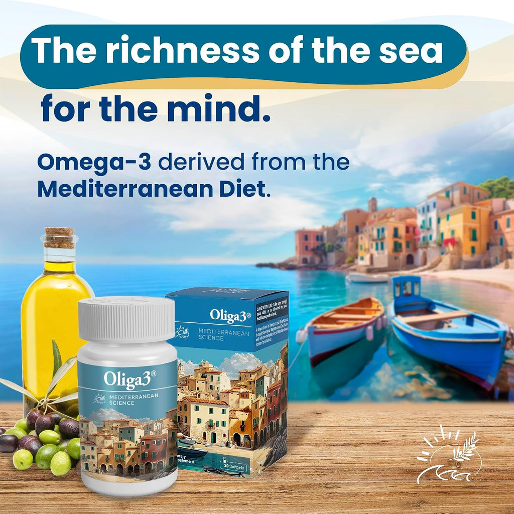 Oliga3 Omega-3 EPA DHA con Aceite de Oliva, Vitamina D y E | 30 Cápsulas Blandas