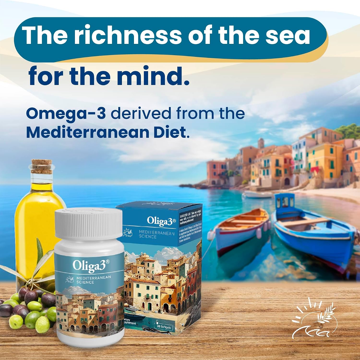 Oliga3 Omega-3 EPA DHA con Aceite de Oliva, Vitamina D y E | 30 Cápsulas Blandas