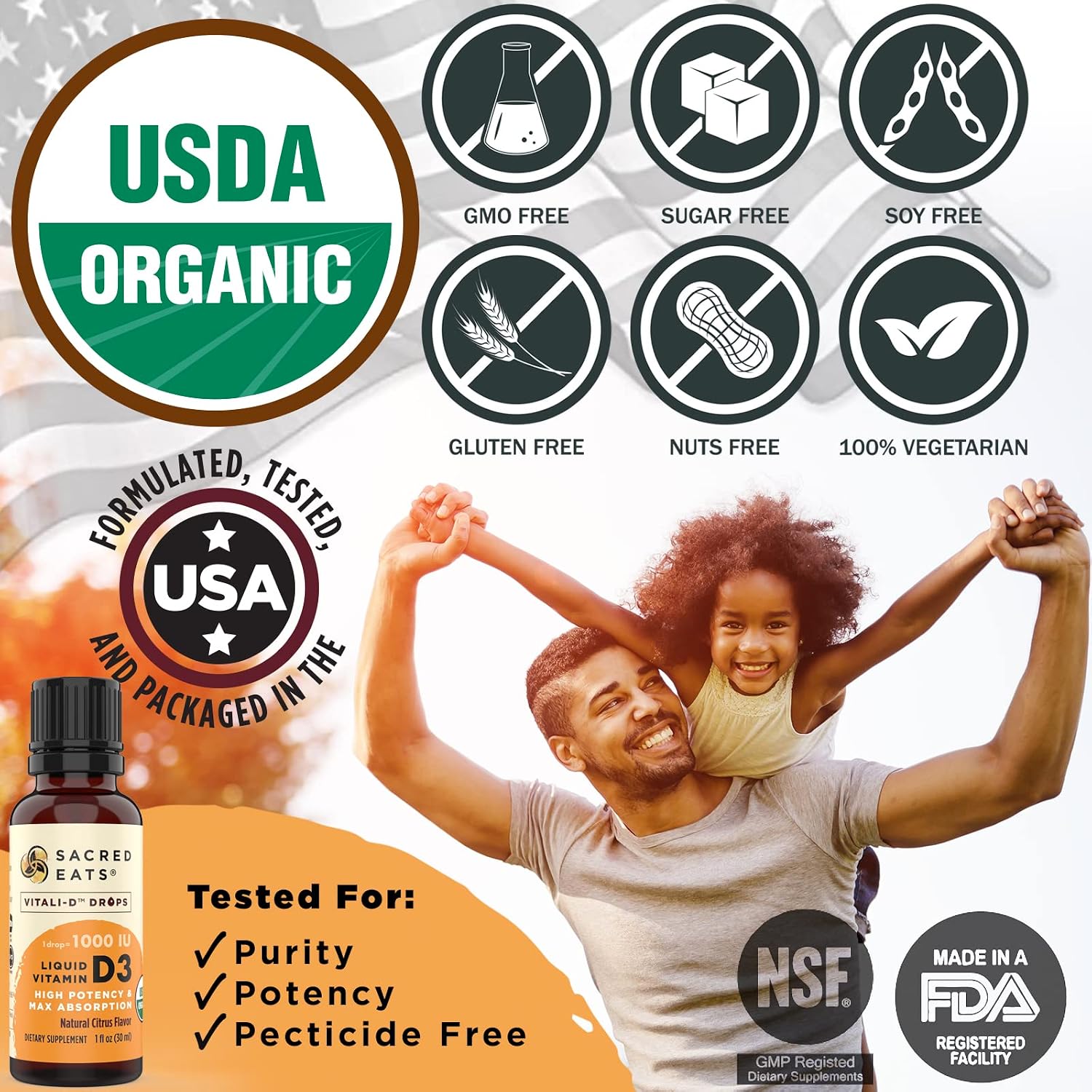 Gotas Orgánicas de Vitamina D3 Líquida - 1000 UI por Gota, Sin Azúcar, Aceite de Coco MCT, Máxima Absorción