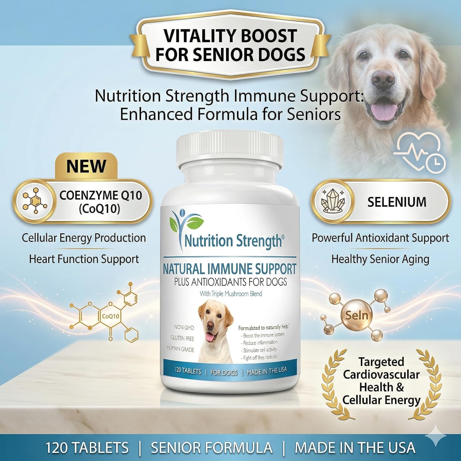 Nutrition Strength Immune Support for Dogs - Turkey Tail, Reishi, Shiitake, Maitake Mushroom Complex - Senior Dog Health - 120 Chewable Tablets