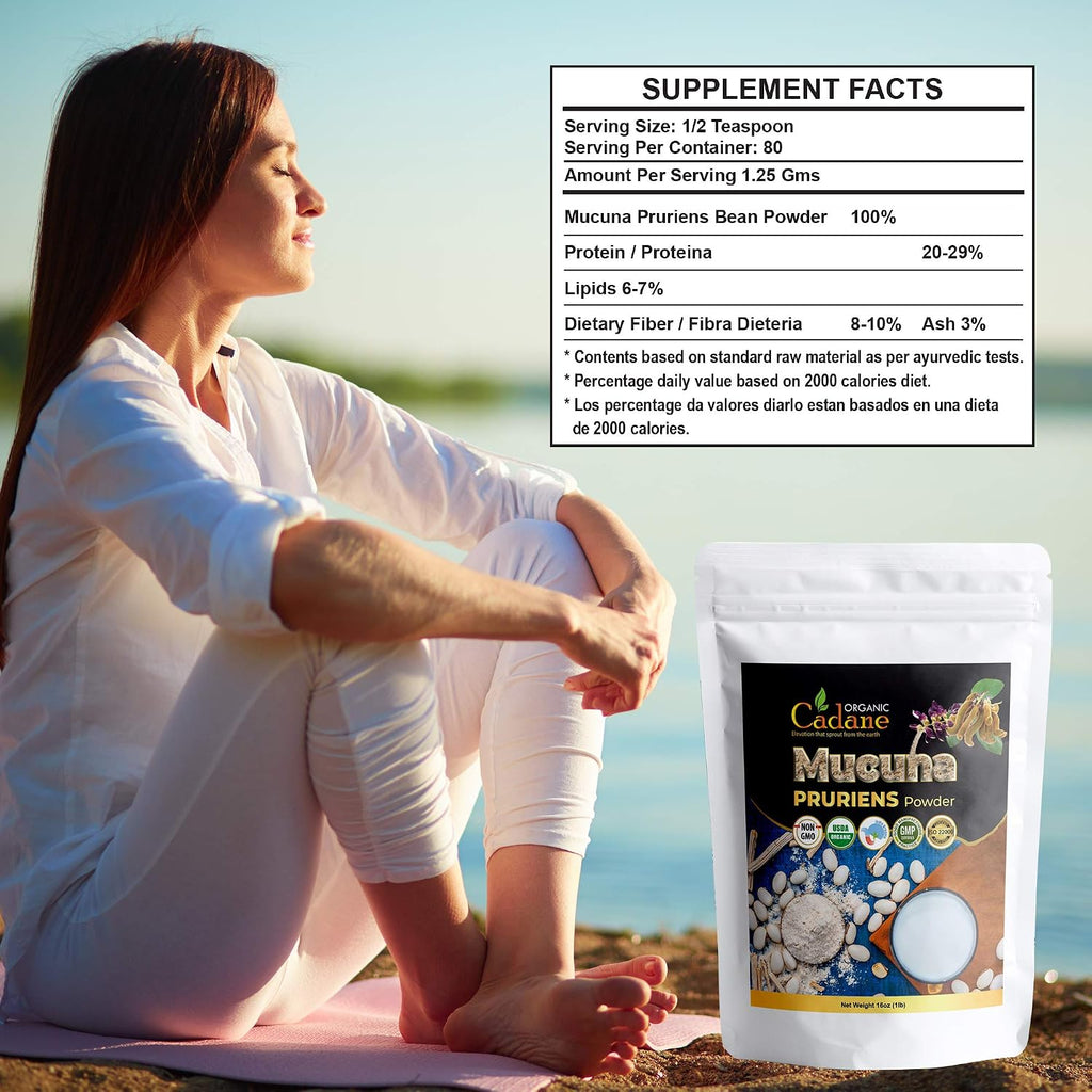 Organic Cadane Mucuna Pruriens en Polvo 1 Libra | Ayuda a la Salud Cerebral, Inmunidad y Energía | Certificado USDA Vegano