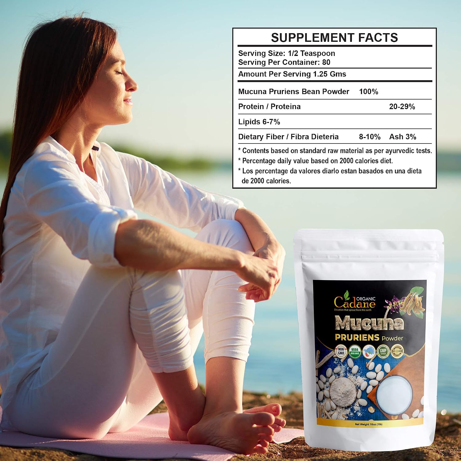 Organic Cadane Mucuna Pruriens en Polvo 1 Libra | Ayuda a la Salud Cerebral, Inmunidad y Energía | Certificado USDA Vegano