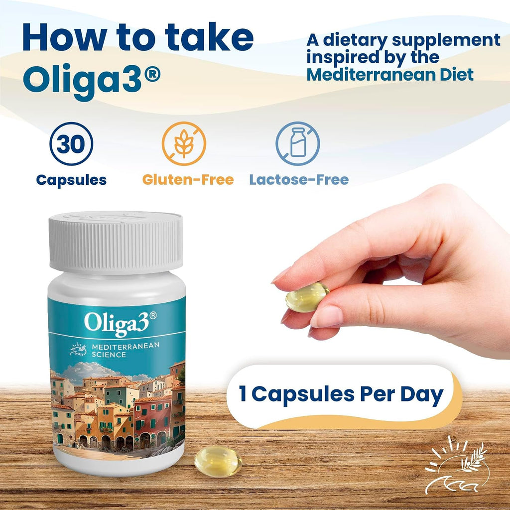 Oliga3 Omega-3 EPA DHA con Aceite de Oliva, Vitamina D y E | 30 Cápsulas Blandas
