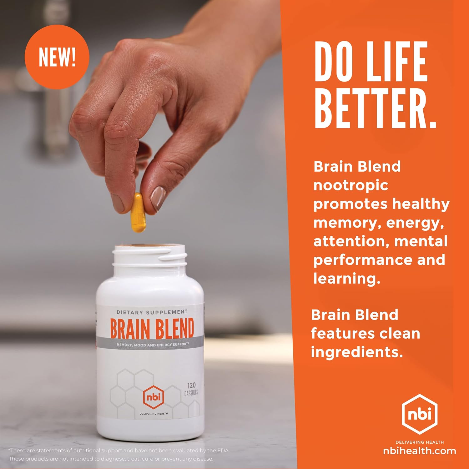 NBI Brain Blend para Memoria, Concentración y Función Cognitiva | Sin Cafeína con ALCAR, Ácido Alfa Lipoico, Huperzina A, Cúrcuma | Nootrópico | 120 Cápsulas