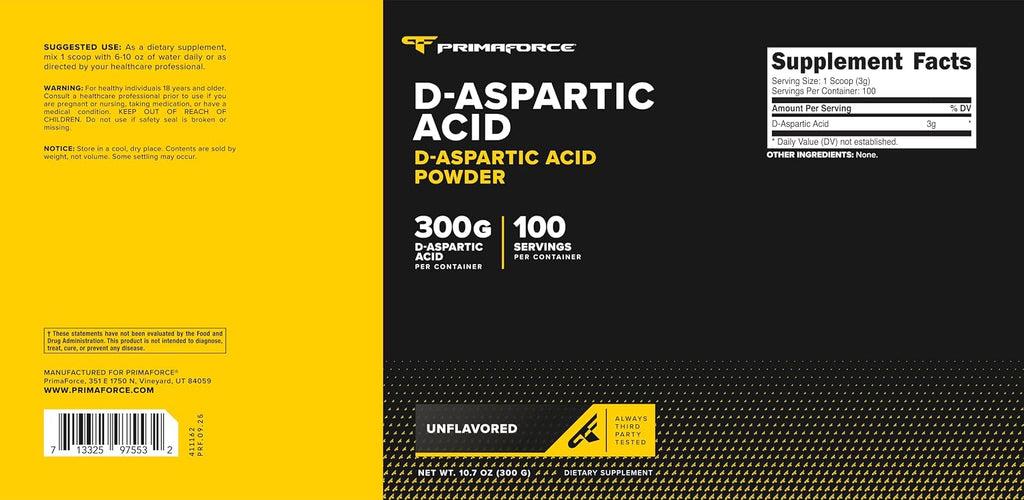 Primaforce Ácido D-Aspártico 300 Gramos (100 Dosis), Sin Sabor, Vegano, No-GMO