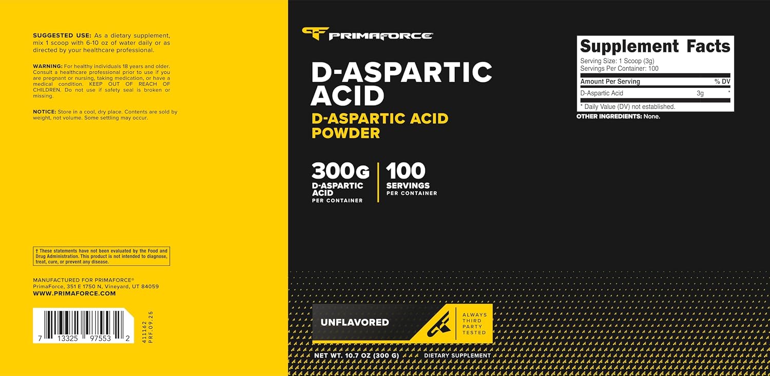 Primaforce Ácido D-Aspártico 300 Gramos (100 Dosis), Sin Sabor, Vegano, No-GMO