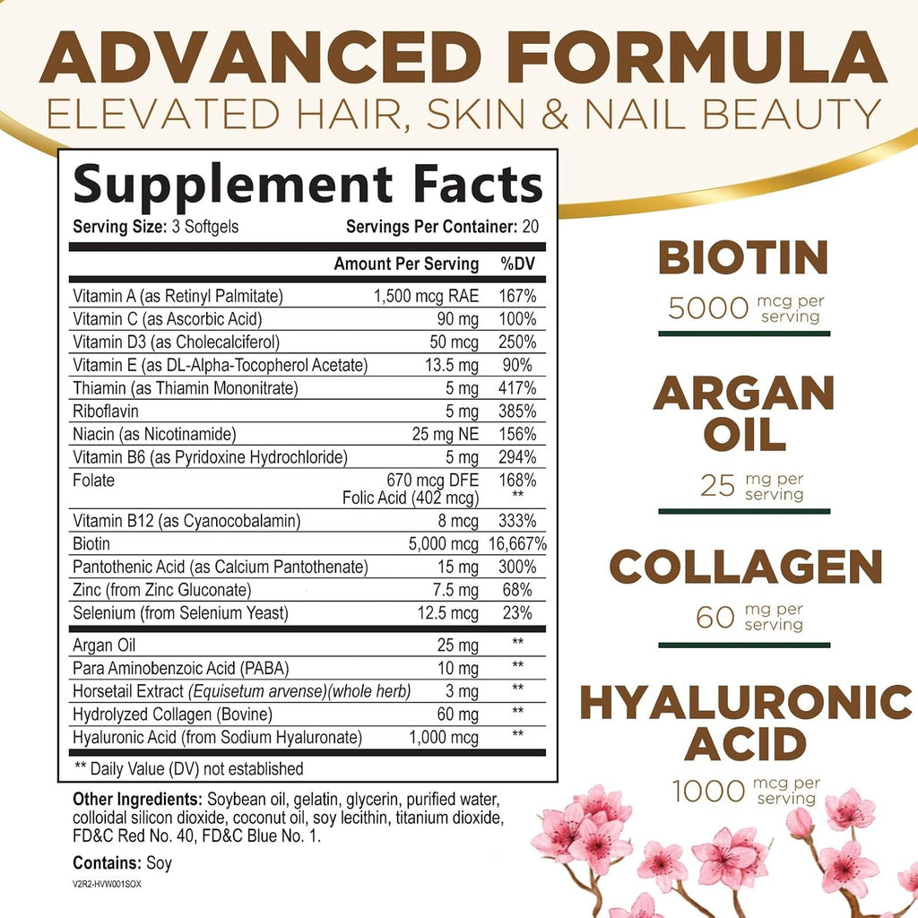 Biotina 5000mcg por dosis - Complejo con Colágeno, Aceite de Argán y Ácido Hialurónico - Suplemento de Belleza para Mujeres y Hombres - 60 Cápsulas Blandas