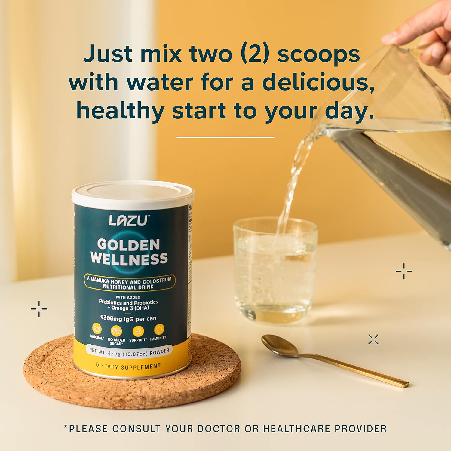 Lazu Golden Wellness Colostro Bovino con Miel de Manuka, Probióticos y Omega-3 - 450g