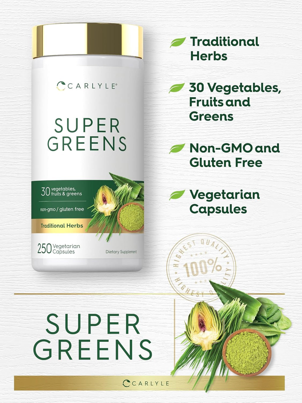 Carlyle Super Greens Cápsulas, 250 uds – Mezcla de 13 verduras y 17 frutas, Sin gluten y No transgénico