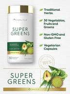 Carlyle Super Greens Cápsulas, 250 uds – Mezcla de 13 verduras y 17 frutas, Sin gluten y No transgénico