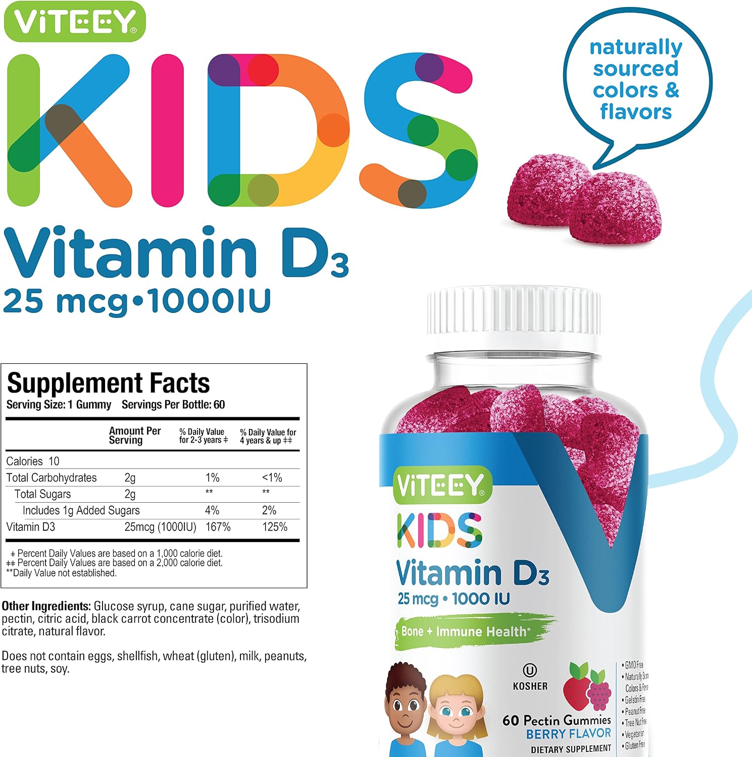 Viteey Gominolas de Vitamina D3 para Niños 1000 IU - 60 unidades