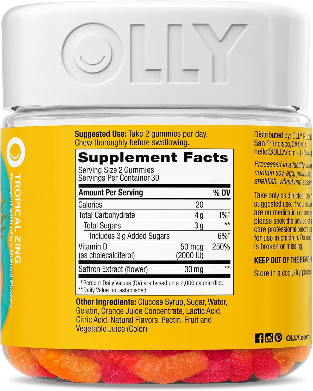 OLLY Hello Happy Gummy Worms - Gomitas de Apoyo al Ánimo con Extracto de Azafrán y Vitamina D, Sabor Tropical Zing, 60 unidades