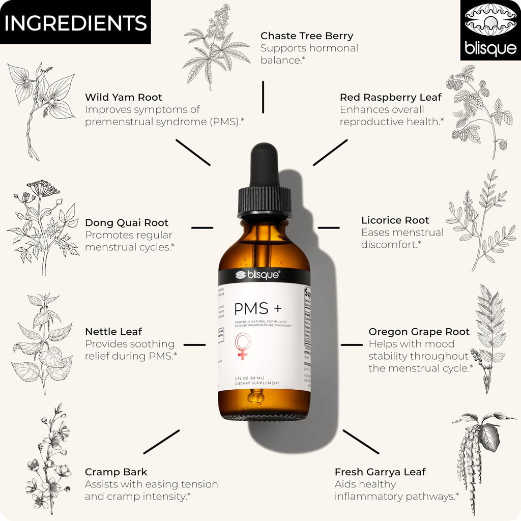 Blisque PMS+ – Suplemento Natural para el Síndrome Premenstrual, Alivio de Cólicos e Hinchazón | Equilibrio Hormonal | Vegano y No-GMO | 59 ml | 59 Dosis