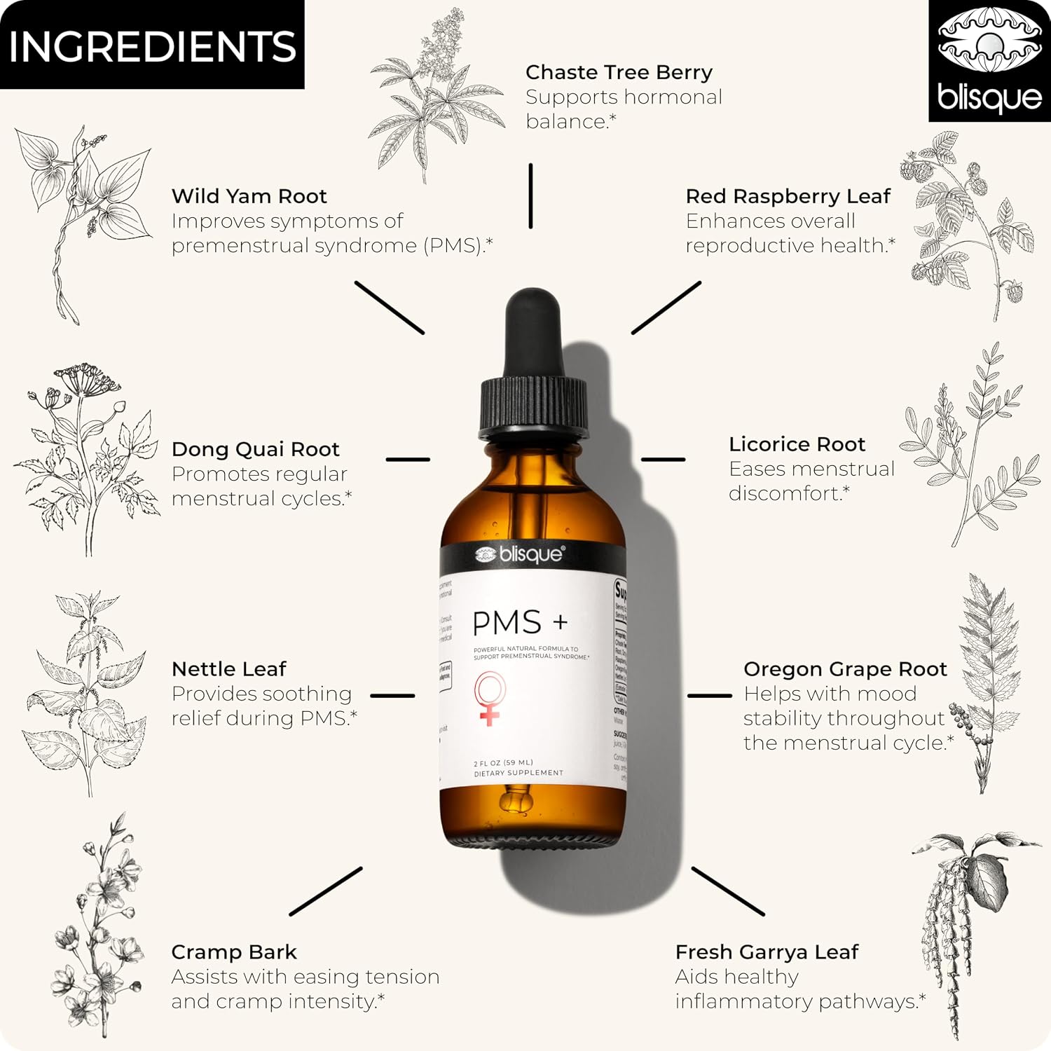 Blisque PMS+ – Suplemento Natural para el Síndrome Premenstrual, Alivio de Cólicos e Hinchazón | Equilibrio Hormonal | Vegano y No-GMO | 59 ml | 59 Dosis