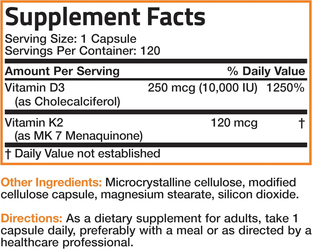 Bronson Vitamina K2 (MK7) con D3, 10.000 UI D3 + 120 mcg K2 MK-7, 120 Cápsulas
