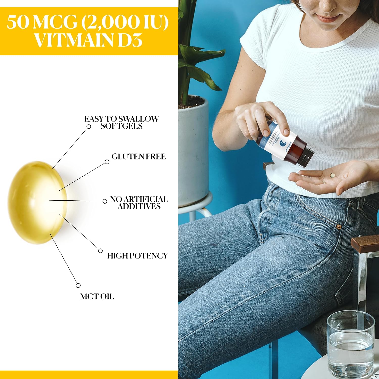 Nutri-Rich Vitamina D3 2000 UI (50 mcg) – Alta Potencia con Aceite MCT, No OGM, Sin Gluten, 90 Cápsulas Blandas