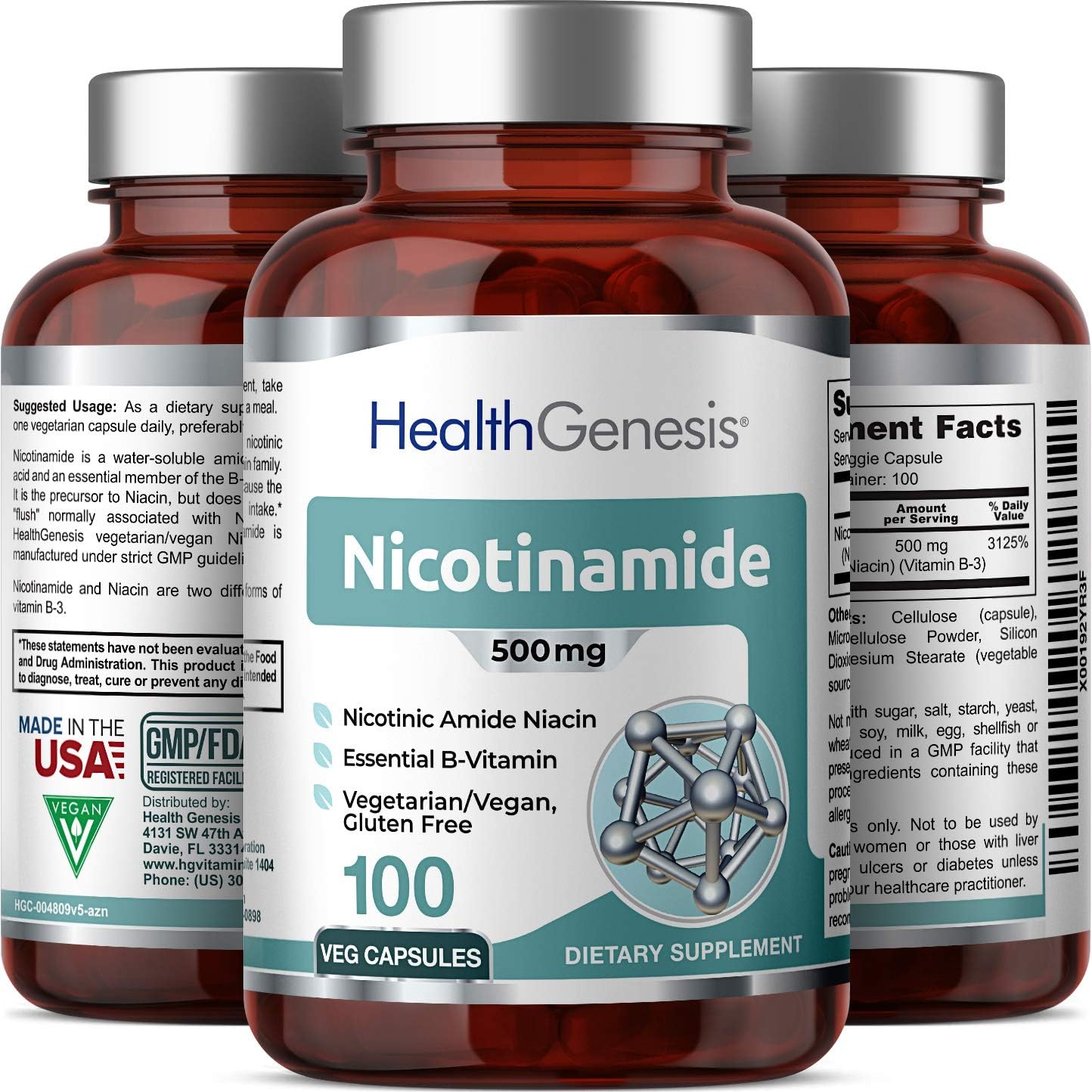 B-3 Nicotinamida 500 mg, 100 Cápsulas - Vitamina B3 Sin Rubor