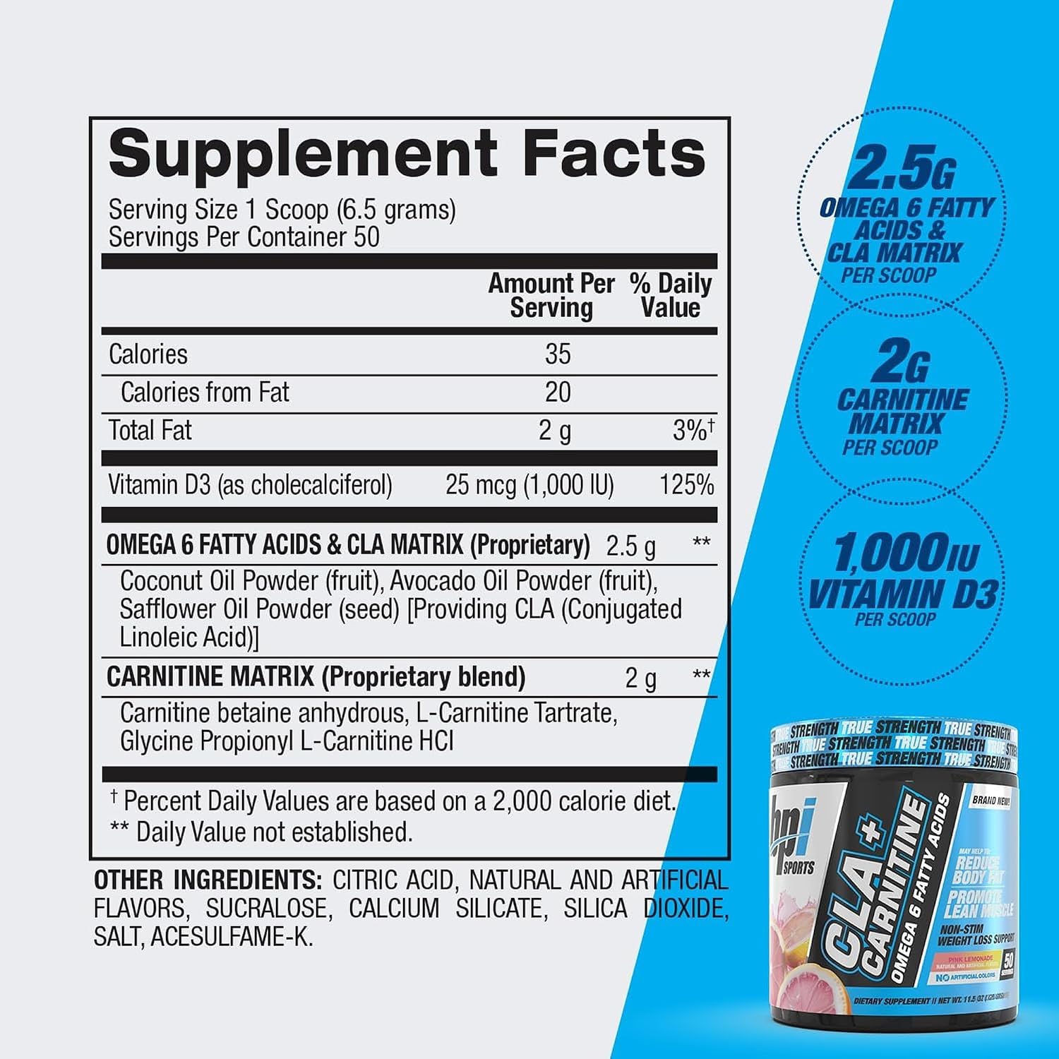 BPI Sports CLA+Carnitine – Suplemento de L-Carnitina y CLA – Sabor Limonada Rosa – 50 Dosis