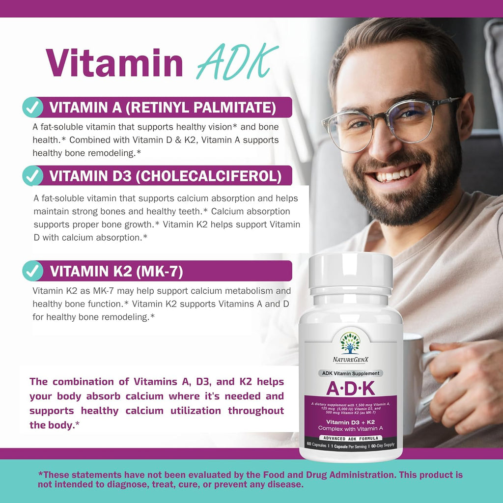 NatureGenX ADK Vitamin Supplement – Vitamins A, D3 & K2 MK-7 for Bone Health & Calcium Absorption – Gluten-Free, Non-GMO, Soy-Free – 120 Capsules, 2-Pack (4-Month Supply)