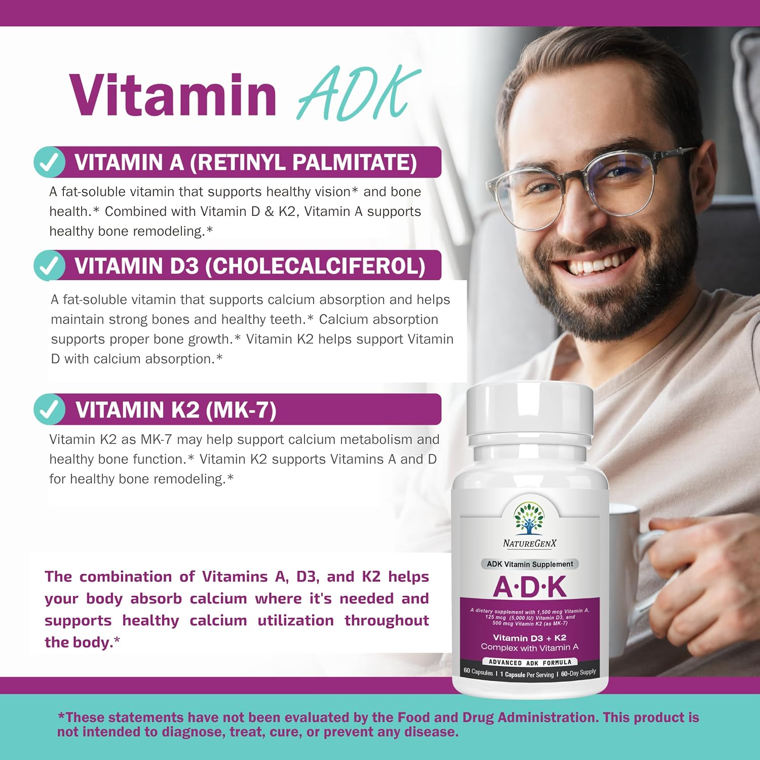 NatureGenX ADK Vitamin Supplement – Vitamins A, D3 & K2 MK-7 for Bone Health & Calcium Absorption – Gluten-Free, Non-GMO, Soy-Free – 120 Capsules, 2-Pack (4-Month Supply)