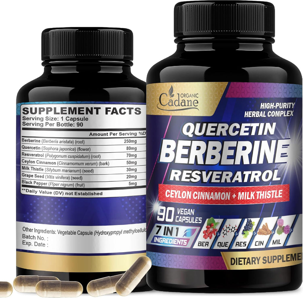Organic Cadane Berberina 7en1 - 90 Cápsulas - Suplemento con Quercetina y Canela