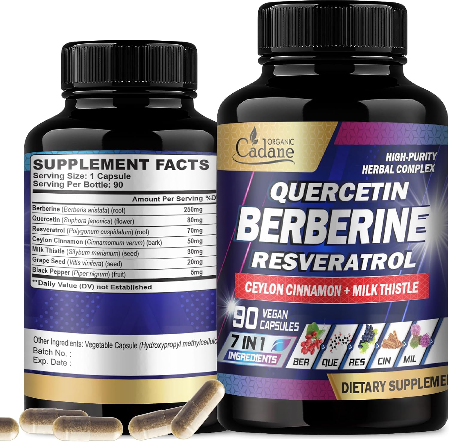 Organic Cadane Berberina 7en1 - 90 Cápsulas - Suplemento con Quercetina y Canela