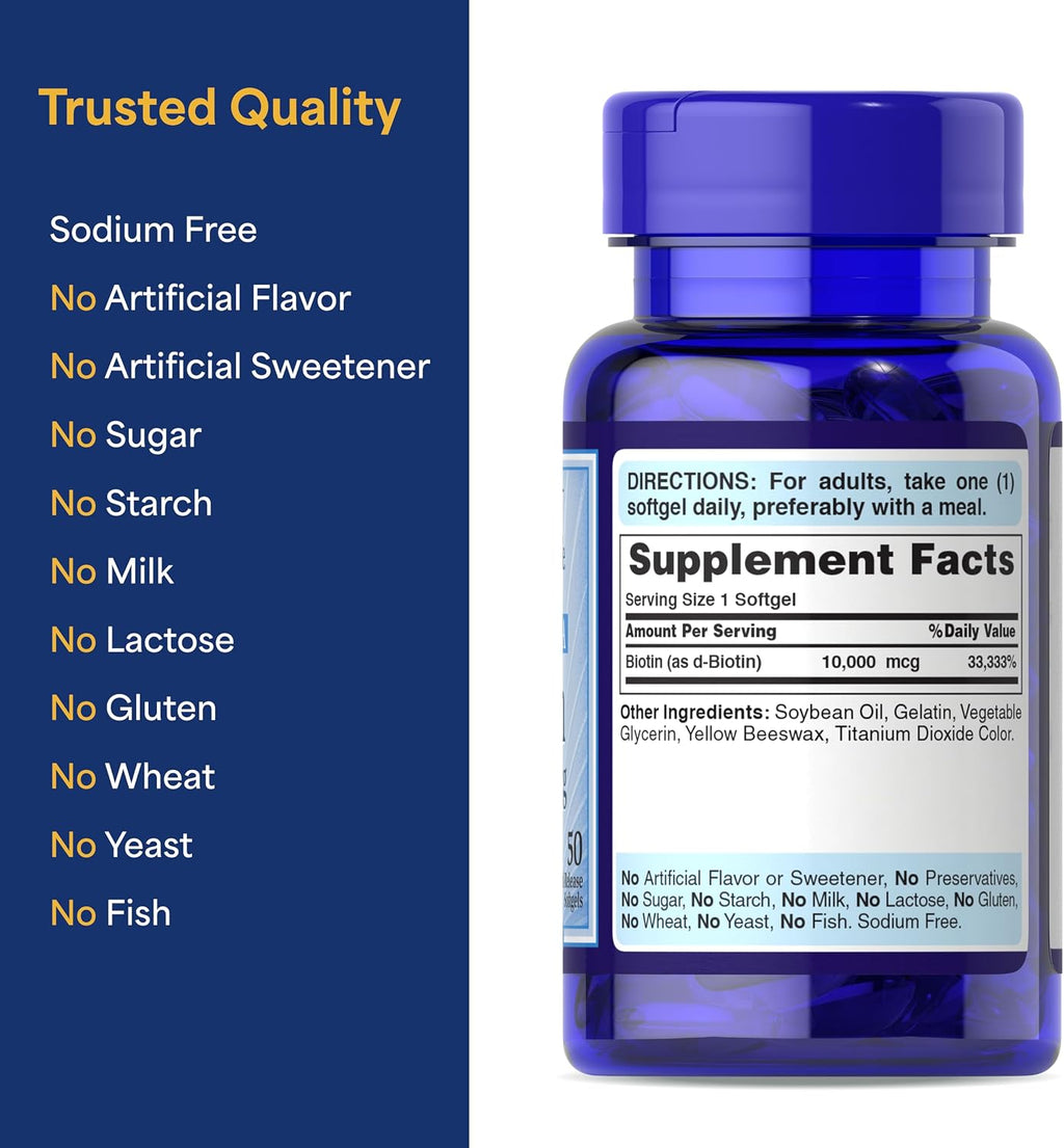 Puritan's Pride Biotina 10.000 µg – 100 Cápsulas Blandas (2 Envases de 50)