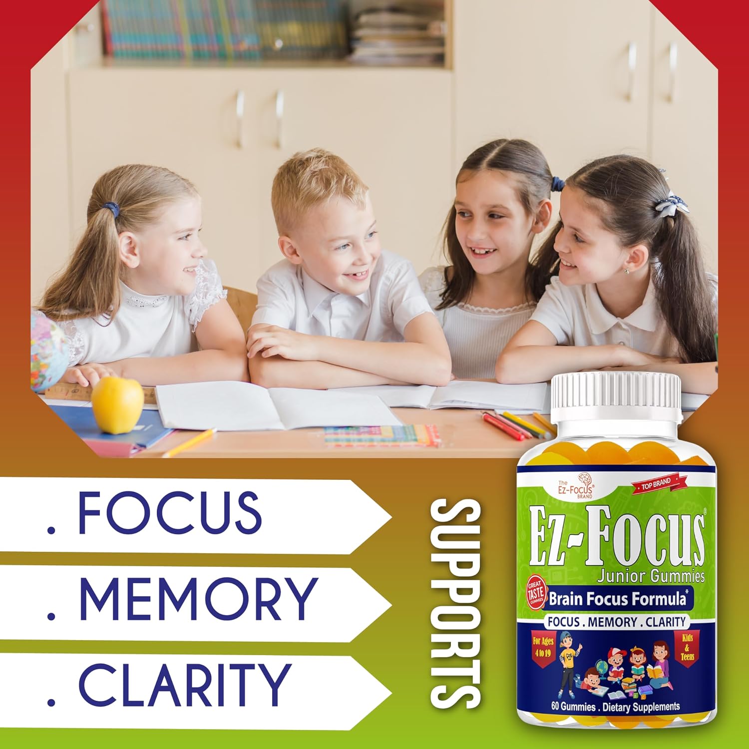 Ez-Focus Junior Gomitas de DHA para niños y adolescentes: memoria, concentración y enfoque, 60 gomitas masticables