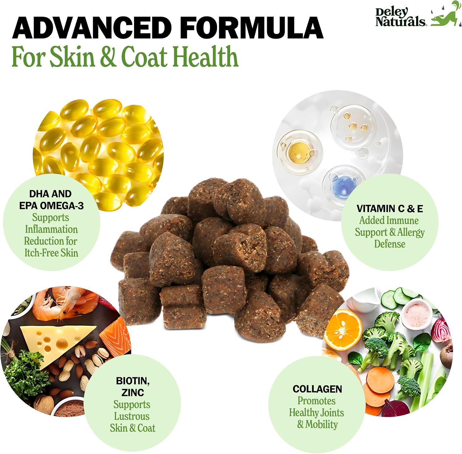 Deley Naturals Skin & Coat Chews - Suplemento para perros con Omega 3, Biotina, Colágeno y Vitaminas - 90 chews