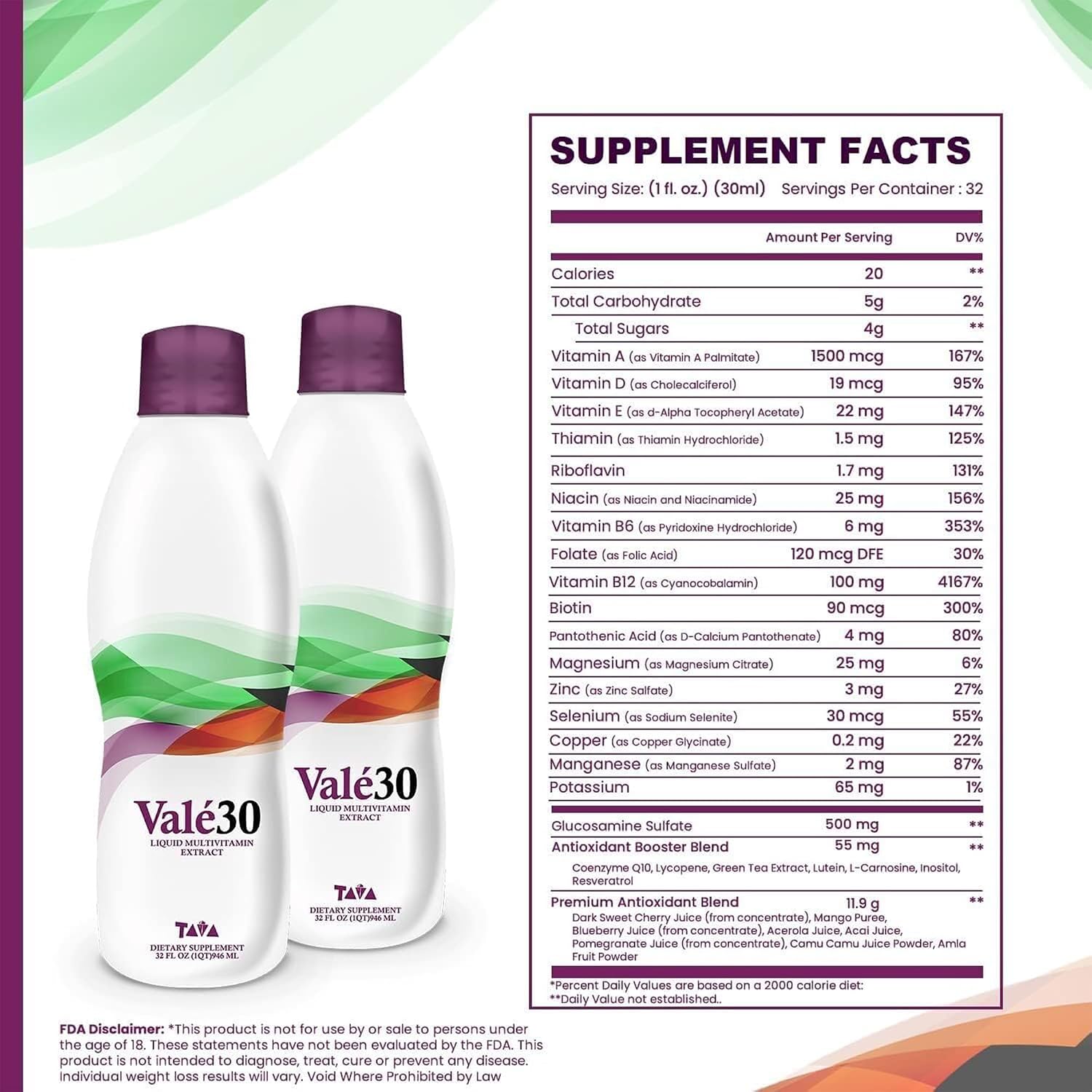 TAVA Valé30 - Multivitamínico Líquido - 30 Días con Vitamina A y Complejo B para Hombres, Mujeres y Familia - 2 Botellas