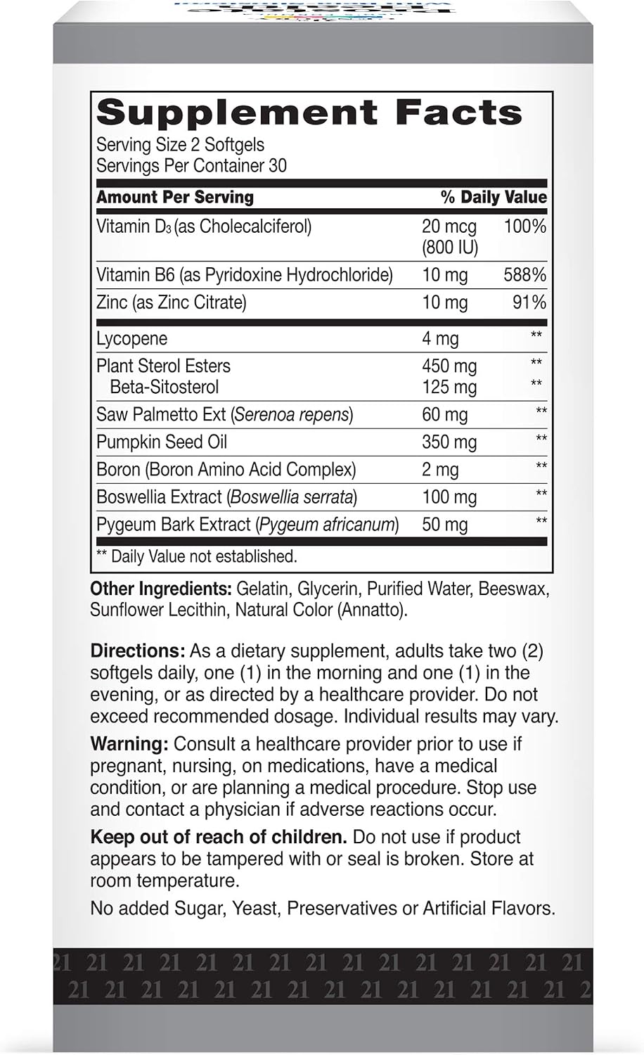 21st Century Suplemento para la Salud Prostática - Saw Palmetto, Beta-Sitosterol 125mg, Pygeum, Zinc y Vitaminas, 60 Cápsulas Blandas