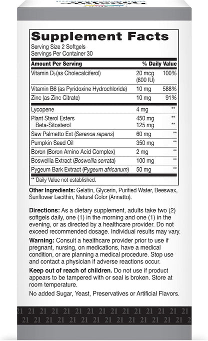 21st Century Suplemento para la Salud Prostática - Saw Palmetto, Beta-Sitosterol 125mg, Pygeum, Zinc y Vitaminas, 60 Cápsulas Blandas