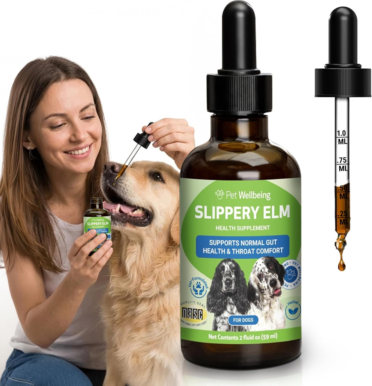 Pet Wellbeing Olmo Resbaladizo para Perros - Suplemento Digestivo y de Garganta - Extracto Orgánico de Hierba Única - Fórmula Líquida 59 ml