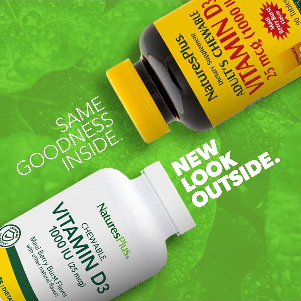 NaturesPlus Vitamina D3 (1000 UI) - 90 comprimidos masticables, sabor Maui Berry Burst - Vegetariano, sin gluten - 90 dosis