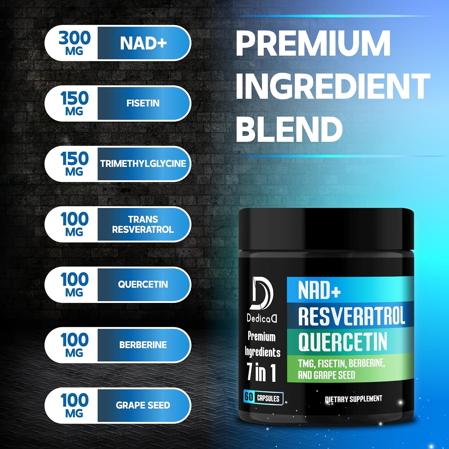 DEDICAD NAD+ Suplemento con Resveratrol, Quercetina, Berberina, Fisetina, TMG y Semilla de Uva - 60 Cápsulas