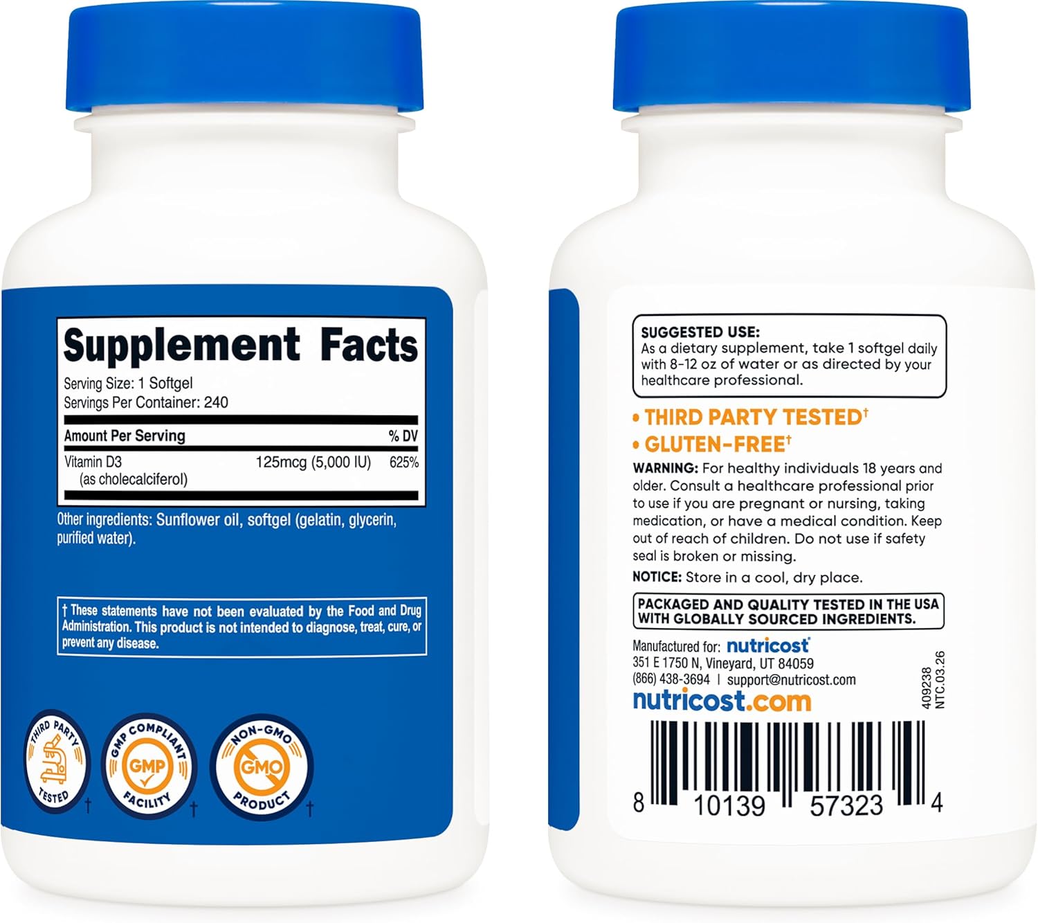 Nutricost Vitamina D3 5.000 UI (125 mcg) - 240 Cápsulas Blandas - No-GMO y Sin Gluten