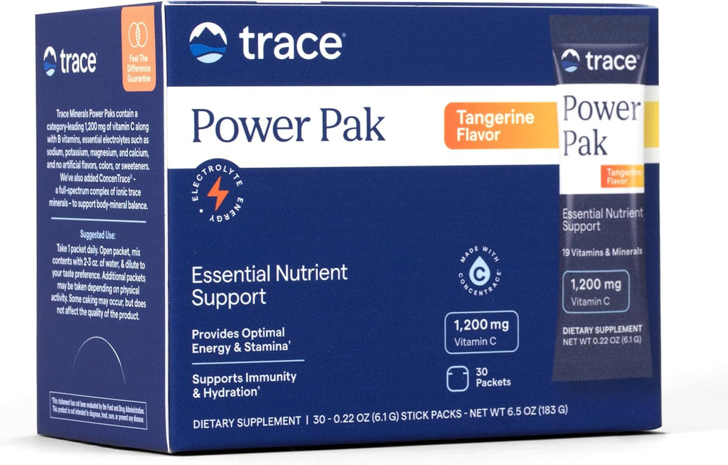 Trace Minerals Power Pak Electrolyte Powder – 1200 mg Vitamin C, Zinc, Magnesium – 30 Tangerine Flavored Sachets